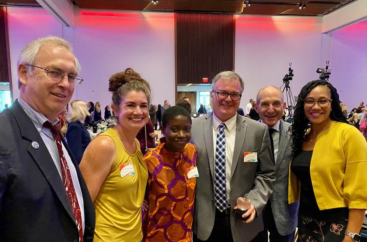 (Left to right) Dean Charles Griffith, Margaret Mohr-Schroeder, Lordina Mensah, Luke Bradley, President Eli Capilouto and Stephanie White.