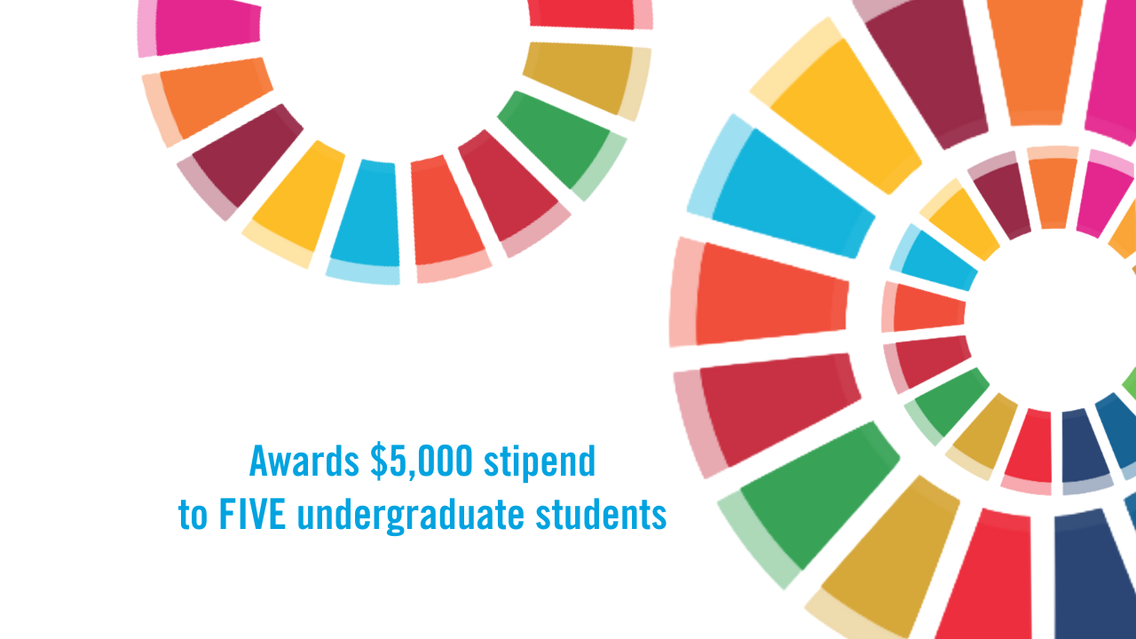 Colorful sustainability graphic with the words "Awards $5,000 stipend to FIVE undergraduate students."