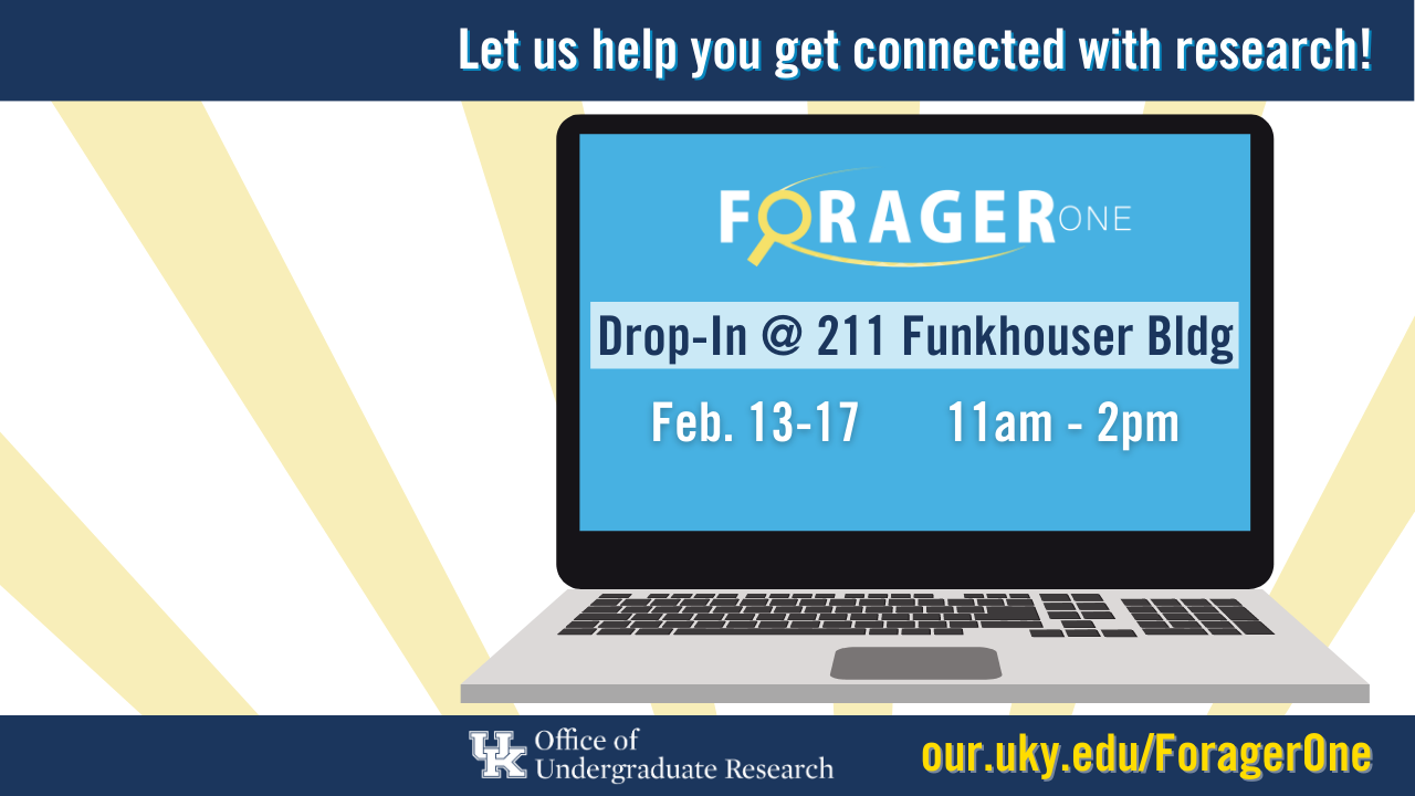 Graphic depicting laptop that displays ForagerOne logo and drop-in dates and hours.