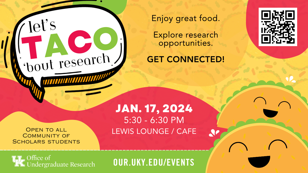 Let’s Taco Bout Research Event graphic depicting red, orange, yellow and green. Cute smiling taco graphics with the event information included. Event details below.