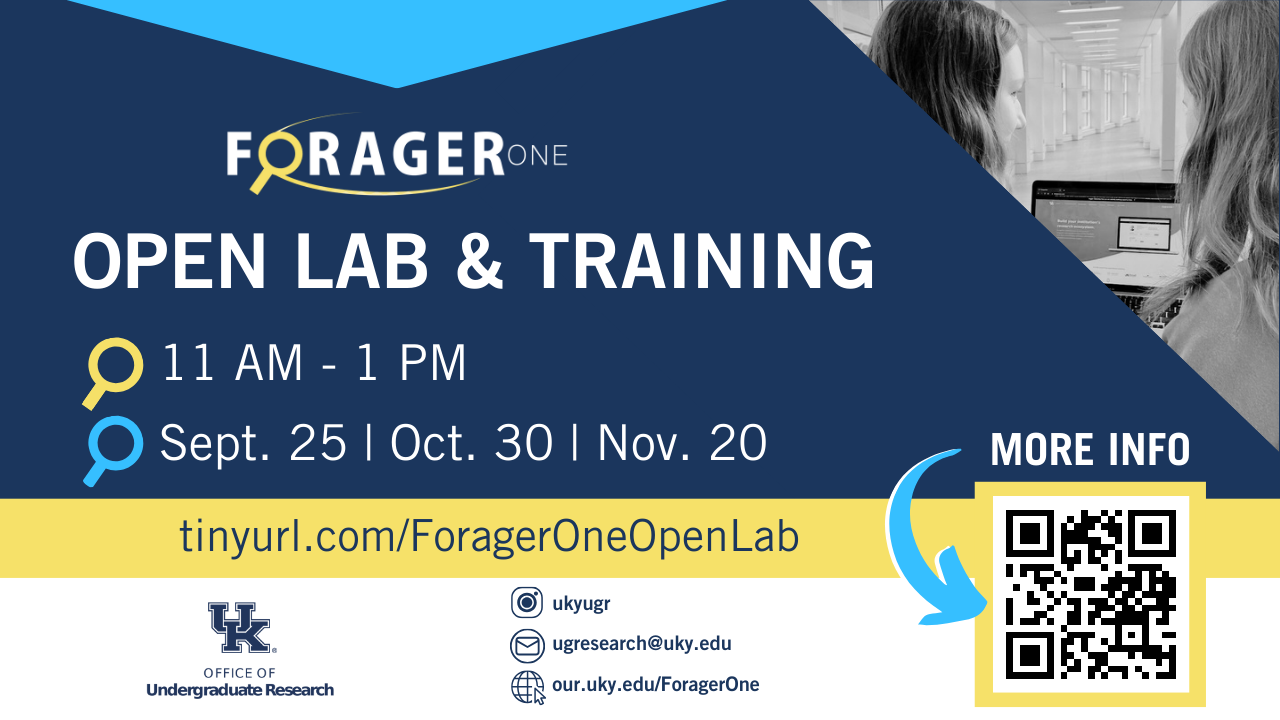 ForagerOne Open Lab & Training graphic with dates and times listed. Navy blue background with yellow accents and white text.