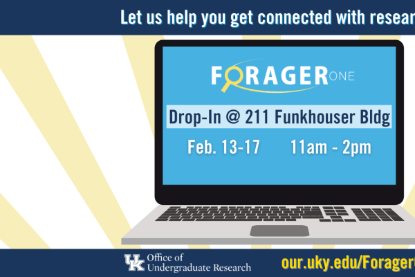 Graphic depicting laptop that displays ForagerOne logo and drop-in dates and hours.