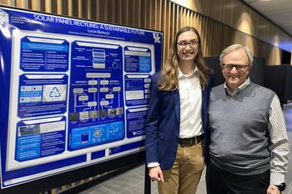 Lee T. Todd, Jr. Student Innovation Scholar Lucas Bertucci (left) with former UK President Lee T. Todd Jr., at the 2022 UK Sustainability Showcase. Photo provided by OUR.