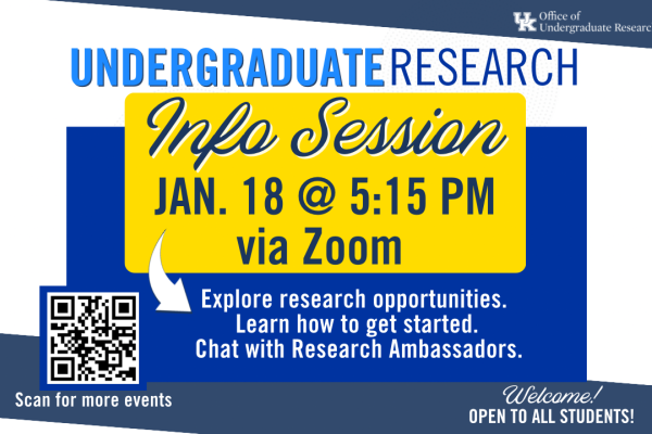 Yellow, dark blue, and white graphic depicting info session information