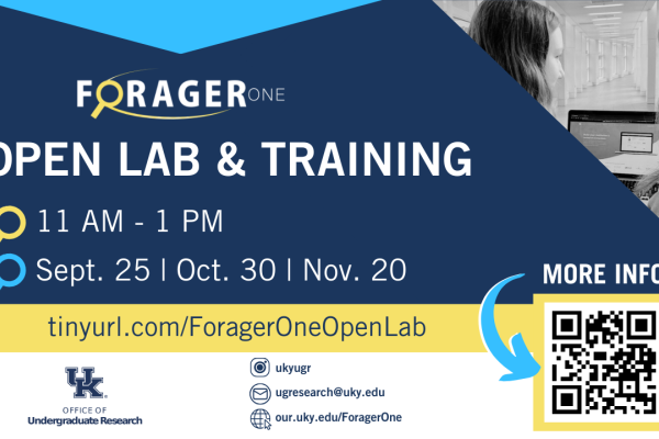 ForagerOne Open Lab & Training graphic with dates and times listed. Navy blue background with yellow accents and white text.
