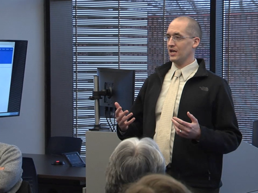 UK College of Medicine Assistant Professor Nathan Vanderford teaching in the classroom at UK.