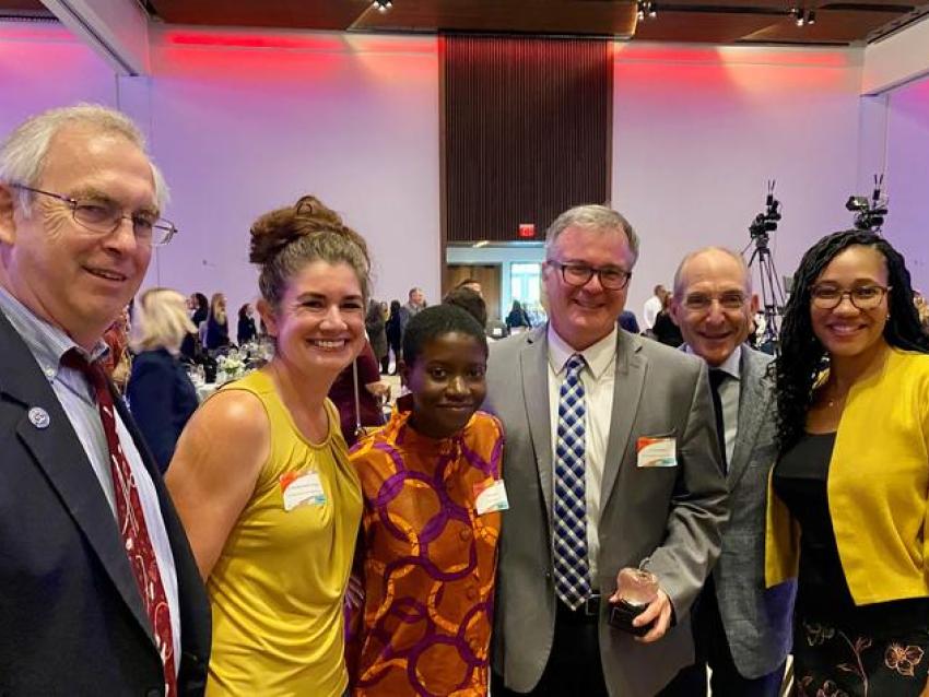 (Left to right) Dean Charles Griffith, Margaret Mohr-Schroeder, Lordina Mensah, Luke Bradley, President Eli Capilouto and Stephanie White.