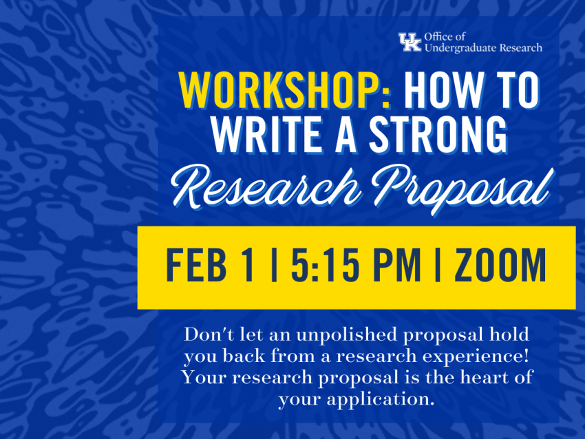 Graphic depicting How to Write a Strong Research Proposal with date, Feb 1, 2023 and time, 5:15PM via Zoom
