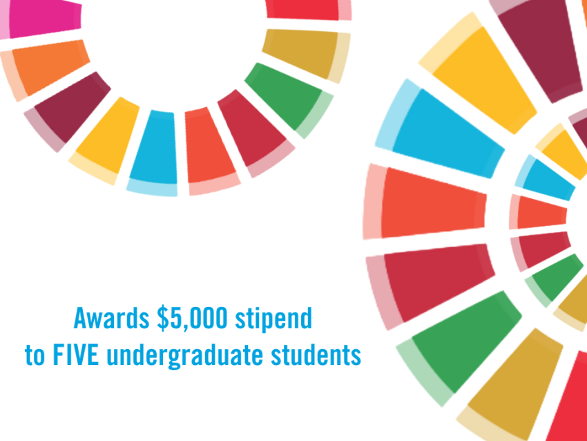 Colorful sustainability graphic with the words "Awards $5,000 stipend to FIVE undergraduate students."