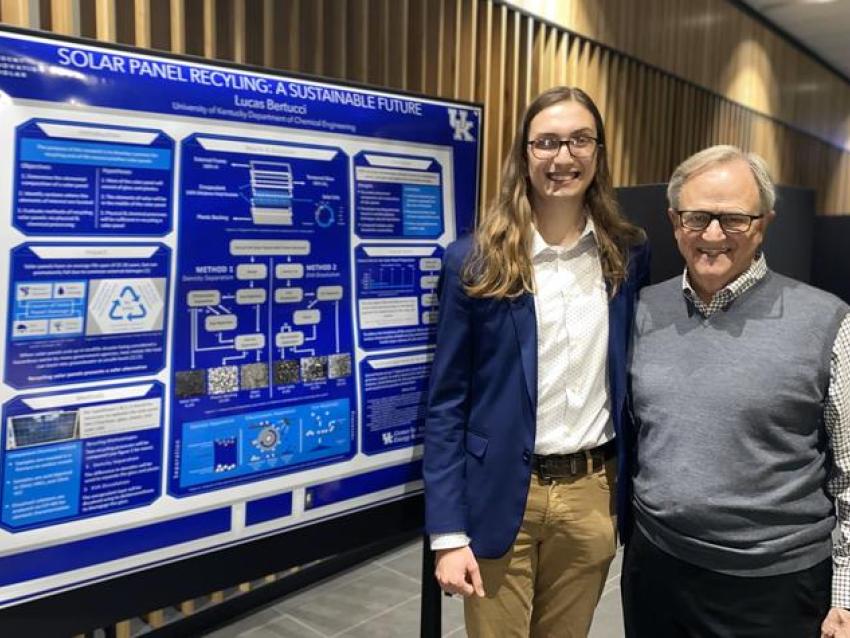 Lee T. Todd, Jr. Student Innovation Scholar Lucas Bertucci (left) with former UK President Lee T. Todd Jr., at the 2022 UK Sustainability Showcase. Photo provided by OUR.