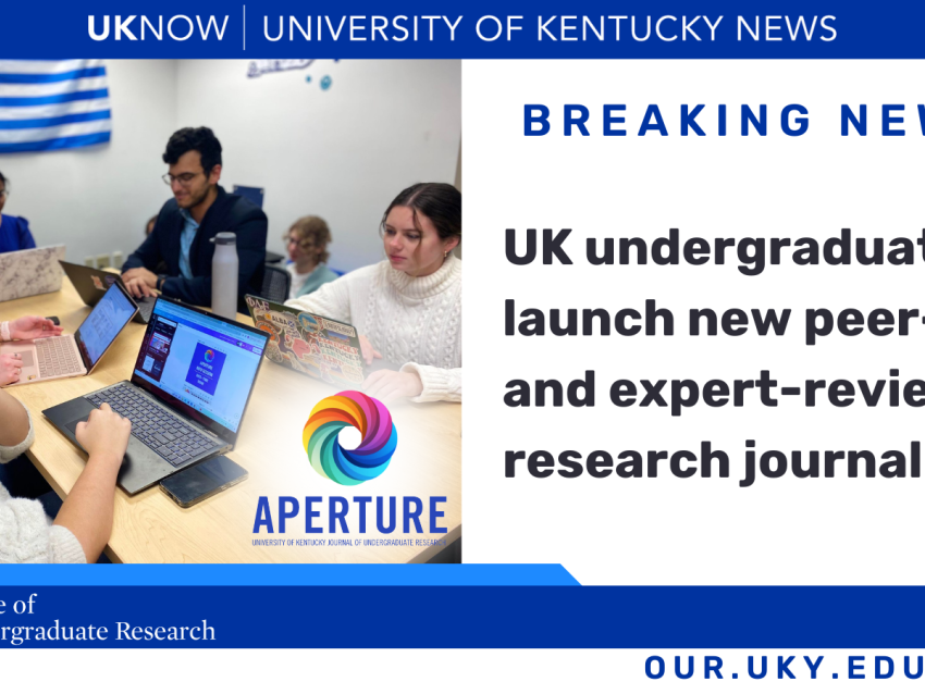 Photo of the Aperture team during a meeting. Split screen with the photo on the left and article title on the right.