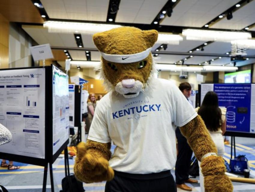 UK Wildcat mascot posing in front of research posters at the 17th Showcase of Undergraduate Research