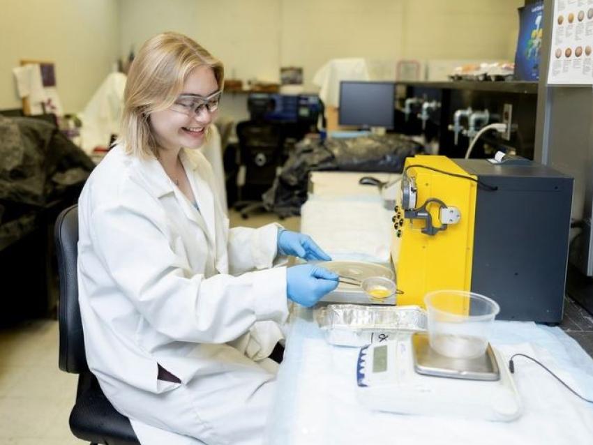 Molly Lobel in Tayo Adedokun's poultry lab